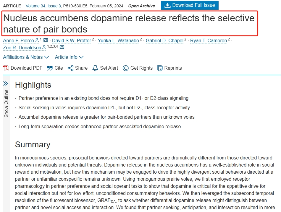 2024年1月，科罗拉多大学博尔德分校的研究人员在 Cell 子刊 《当代生物学》上发表了题为：Nucleus accumbens dopamine release reflects the selective nature of pair bonds 的研究论文。
